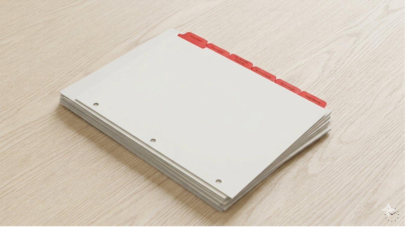 Custom red Mylar step-indexed binder tabs on light wood desk showing 7-tab sequential layout with readable tab labels — manufactured by Anselmo Die and Index Co., Schaumburg IL