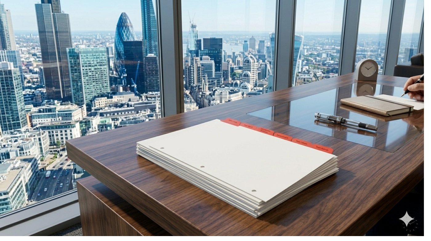 Custom red Mylar index tab divider set on executive walnut desk with city skyline — manufactured by Anselmo Die and Index Co., Inc., Schaumburg IL, family-owned since 1989