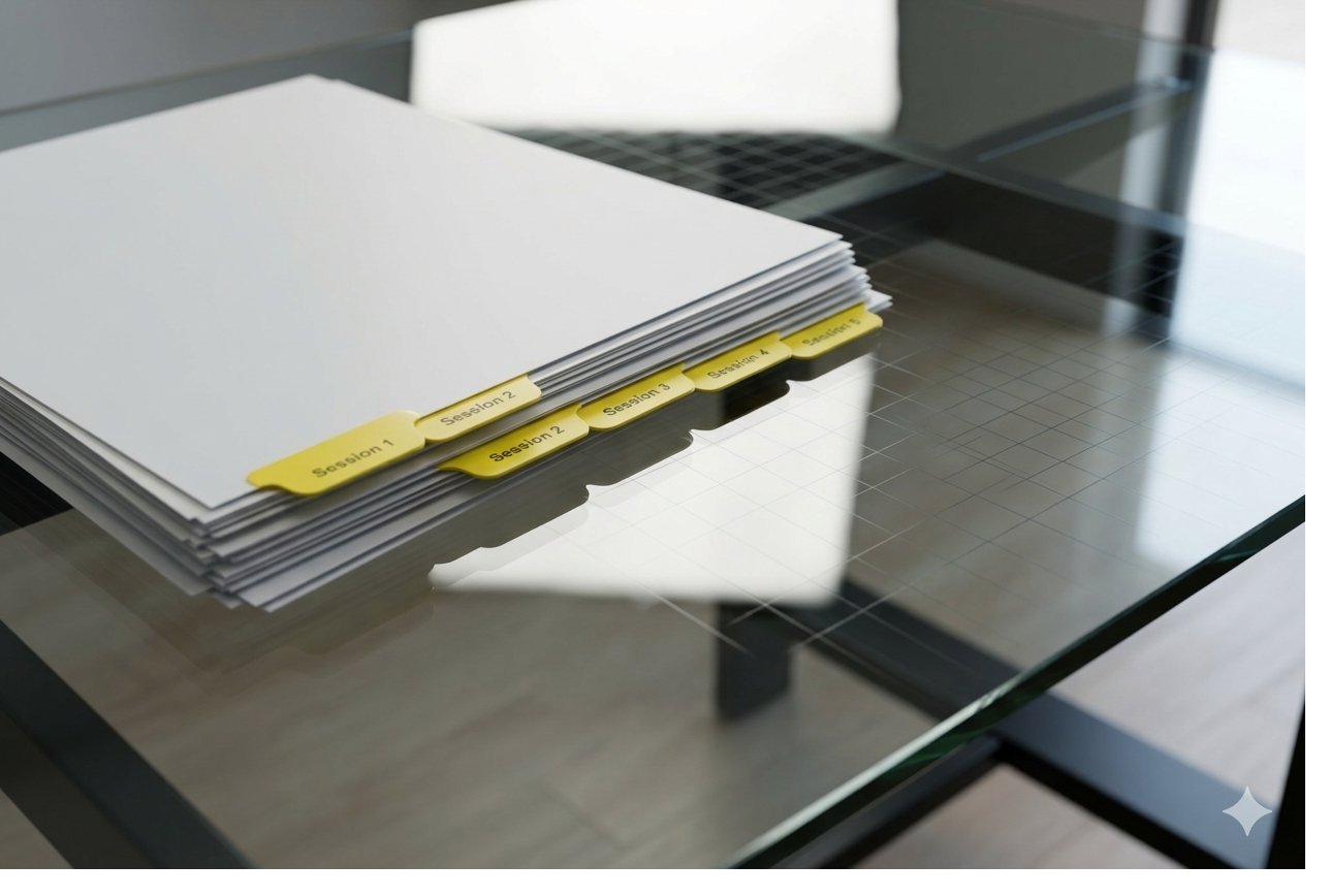 Sequential yellow Mylar index tabs labeled Session 1 through Session 5 on glass table — Anselmo Die and Index training manual step-indexed tab set