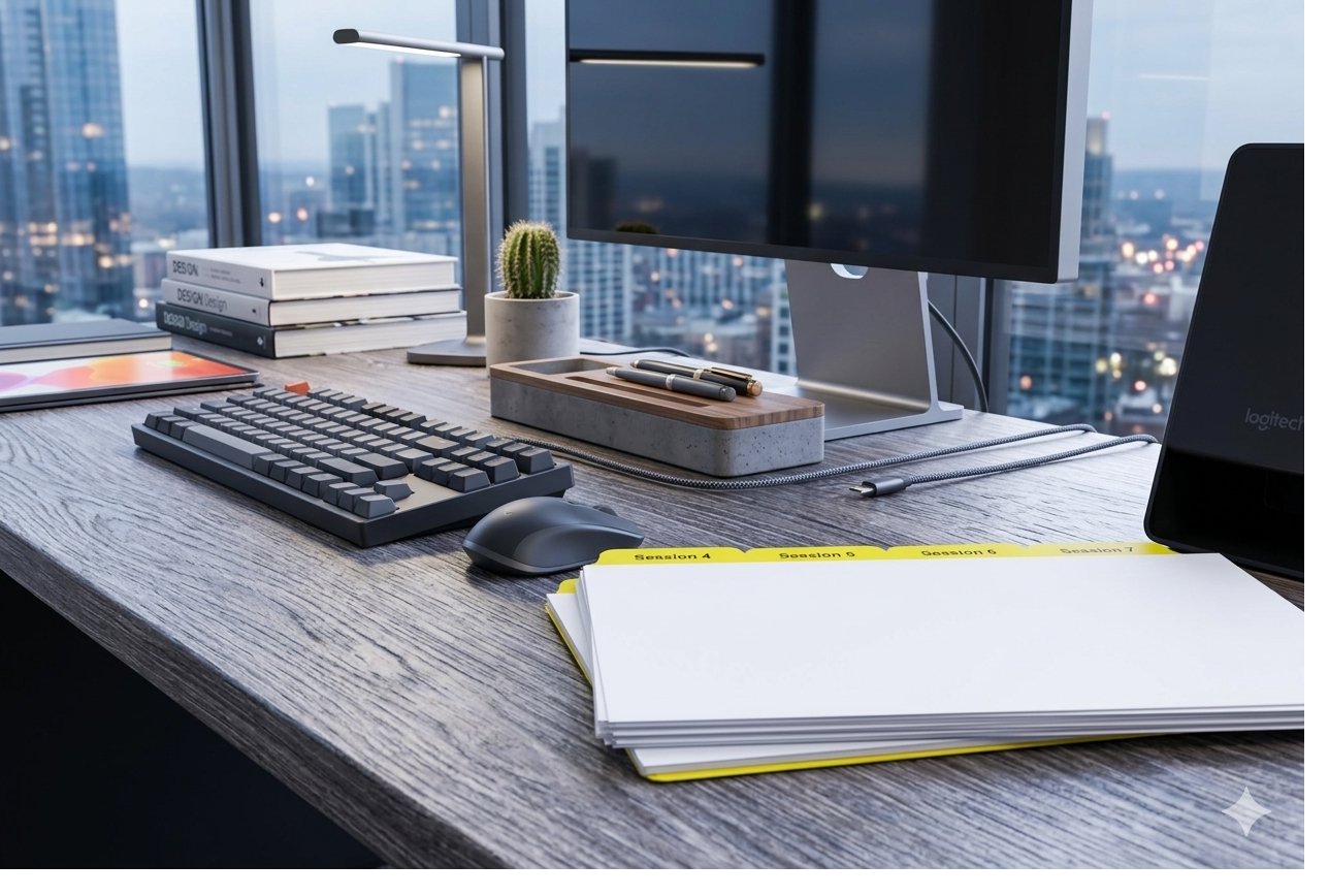 Sequential yellow Mylar binder index tabs on modern tech desk with monitor — Anselmo Die and Index Co. training manual and workshop tab sets, Schaumburg IL