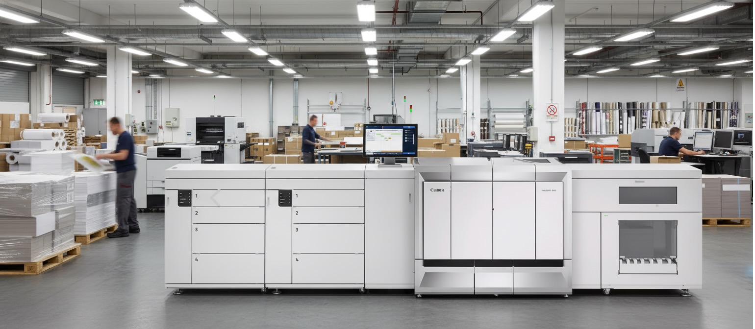 Canon production digital press line on the Anselmo Die and Index manufacturing floor, Schaumburg IL — operators managing high-volume commercial print production